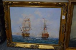 John Howitt, Battle at sea, oil on canvas, depicting two Man O' War engaged in battle.