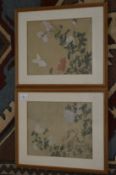 A pair of Chinese floral paintings on silk, framed and glazed.