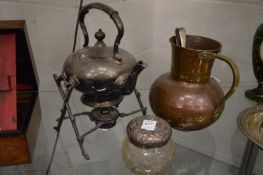 A silver topped cut glass dressing table jar, plated kettle on stand, a copper jug and pair of