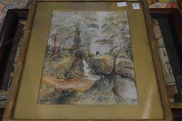 Watercolour depicting a mill, a print after L S Lowry and a painting depicting the life of Christ.