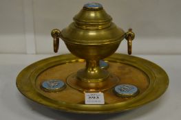 A good cast bronze inkwell with urn shaped reservoir mounted with four Jasperware plaques.