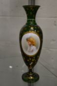 Late 19th century green glass vase with gilded decoration and an enamel portrait panel depicting a