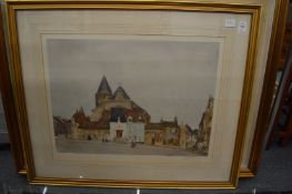 William Russell Flint, figures in a town landscape, colour print, pencil signed together with an oil