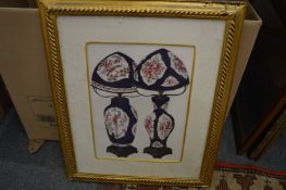 Three framed and glazed colour prints depicting oil lamps.