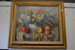 Irina Savitskaya, Still life of flowers and fruit, oil on canvas.