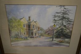 Muriel Morrod, Country house and landscape, watercolour and two other pictures.