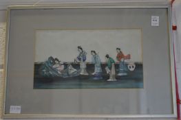 Japanese pith painting depicting female figures together with another picture.