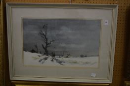 Denis Pannett, Winter landscape with figures on a path, watercolour.