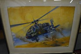 An Apache helicopter during battle, watercolour.