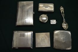 Various silver cigarette boxes, an engine turned compact, snuff box etc.