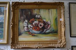 Still life of flowers in a bowl, oil on board, signed.