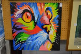 Colourful print of a cat.
