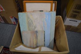 A collection of various landscape paintings, some framed.