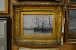 Sailing ships in a harbour, watercolor, signed in a decorative gilt frame.