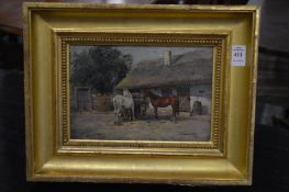 A good small oil painting on board depicting horses in a stable yard with a handler, signed.