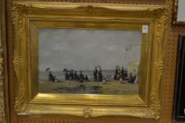 French Impressionist School, Victorian figures on a coastal landscape in a decorative gilt frame.