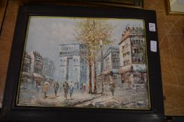 Bardot, Parisian street scene with figures, oil on board together with another similar, a pair.