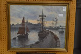 Sailing boats in a harbour, watercolour, signed.