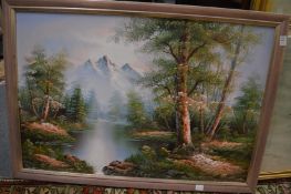 Colourful wooded river landscape, oil on canvas.