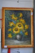 Cox, Still life of sunflowers in a vase, oil on canvas.