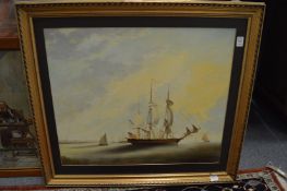 Sailing ship in a harbour, oil on board.