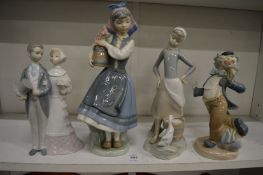 Three Lladro figures and Neo figure of a clown.