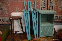 A stool, Lloyd Loom linen basket, Lloyd Loom bedside table and pair of directors chair frames.