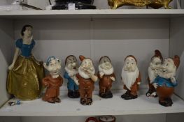 G Llonardi, Snow White and the Seven Dwarfs, hand painted plaster figures.