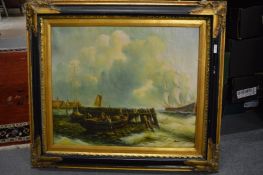 Sailing ship in a choppy sea with a dinghy waiting to rescue, oil on canvas.