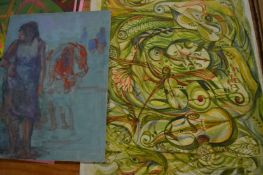 Standing female figure, oil sketch on board, unframed together with an abstract watercolour,