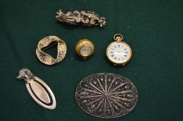 Ladies enamel decorated pocket watch and other items.