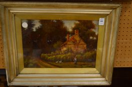A Harding-Norwood, Rural scene with figure feeding geese outside a cottage, oil on board.