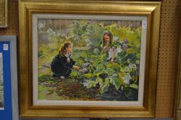 Karas Olissia, Young girls picking flowers in a garden, oil on canvas.