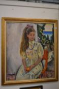 Boris Korzhevski, Portrait of a young girl seated outdoors with the sea beyond, oil on canvas,
