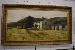 J Freeman, mountainous landscape depicting a farmhouse and courtyard, oil on board, signed and dated