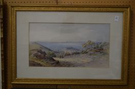 Georgina Wilkinson, figure on a path overlooking Niece, watercolour.