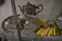 An unusual extending silver plated stand with spirit burner together with a plated teapot and set of