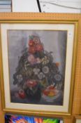 Yablonski, Still life of flowers in a vase and fruit in a bowl, watercolour, signed.