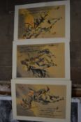 Three unframed watercolours depicting Mongolian hunters on horseback.