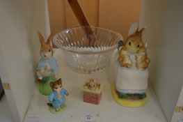 Bunnykins figures and a cut glass bowl.