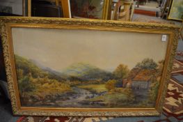 R H Roberts, figure and cattle by a river near a mill, watercolour and a similar picture by the same