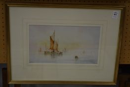 L Earp, Shipping at daybreak, watercolour.