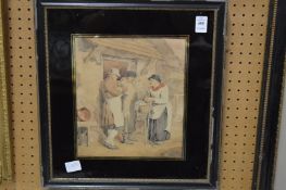 Three figures conversing in a doorway, watercolour in a verre eglomise frame.