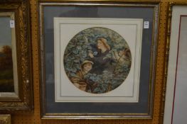 Martina Reim, three children picking nuts in a woodland setting, watercolour, framed circular.