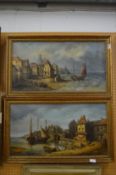 A 19th century Continental School, A busy harbour scene with sailing ship, figures and buildings,