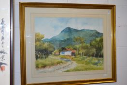 A mountainous landscape with a chalet, watercolour.