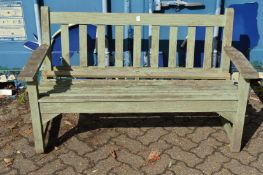 A painted wooden garden bench.