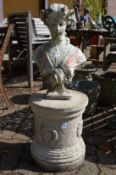 Reconstituted stone garden ornament modelled as a bust of young lady supported on a pedestal base.