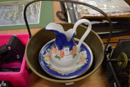 Jug and bowl set, brass preserve pan etc.