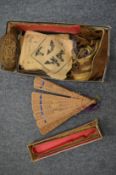 A Chinese sandalwood fan and other items.